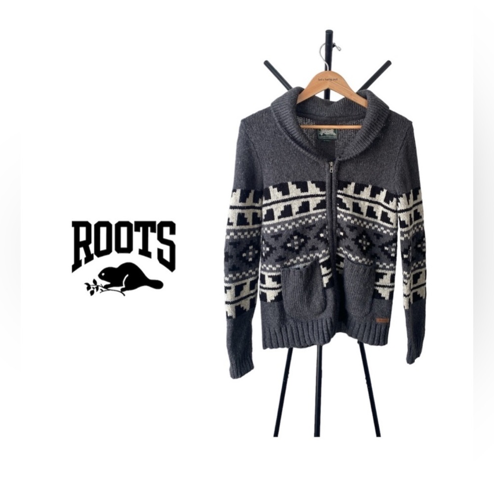ROOTS Full Zip Winter Cardigan | Wool Blend | Women's Medium | Grey Aztec